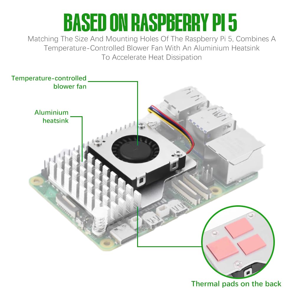 Verilux® Cooler for Raspberry Pi 5, Combines a Temperature-Controlled Blower Cooling Fan and an Alumium Heatsink and Thermal Pad to Accelerate Heat Dissipation for Raspberry Pi 5