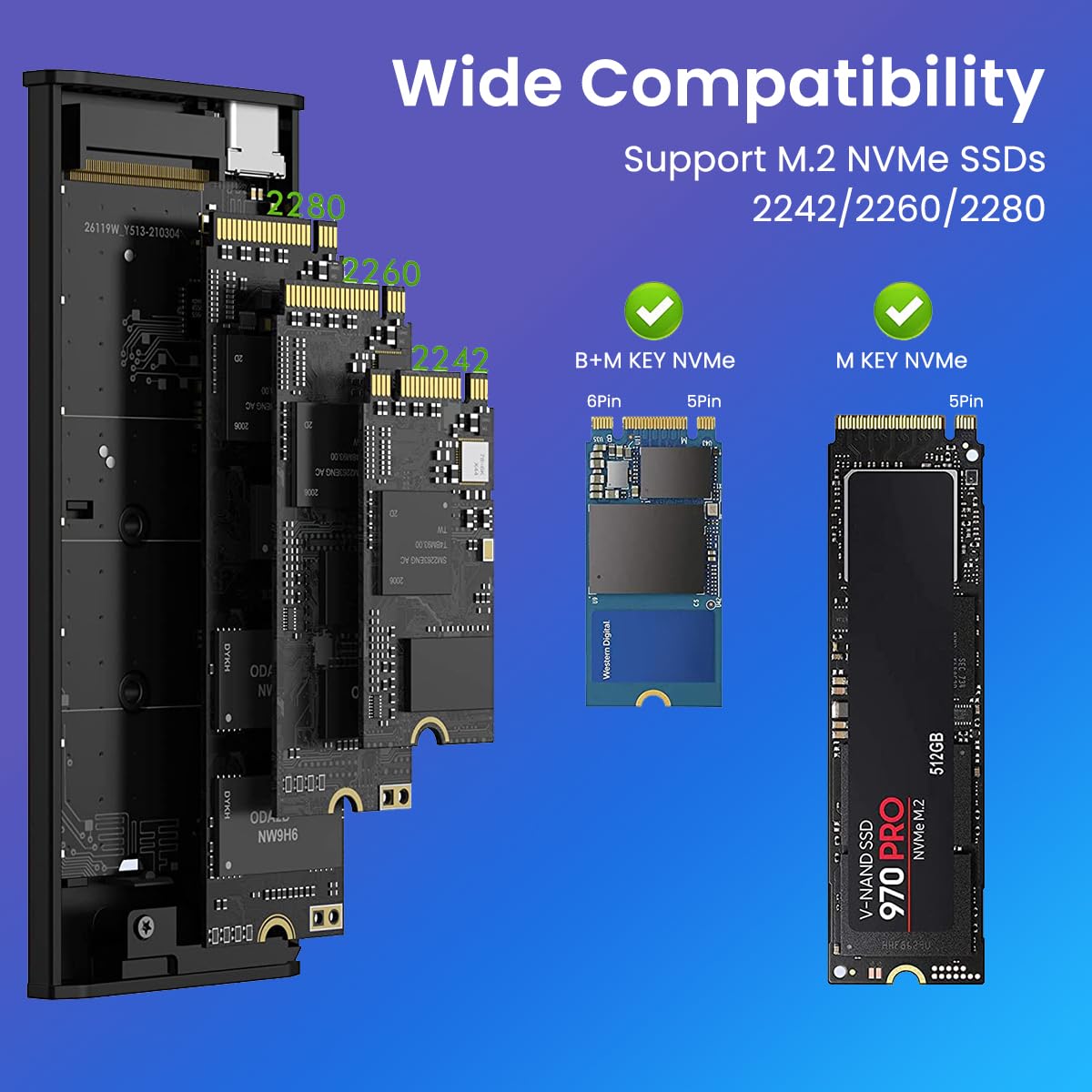 Verilux® M.2 NVME SSD Enclosure, Dual Protocol High-Speed 10Gbps USB-C 3.1 Gen 2 SSD Case, Aluminum Alloy, Support 2230 to 2280 Sizes with Cables for Laptops, PS4&Smartphones, Up to 2TB Capacity - M11