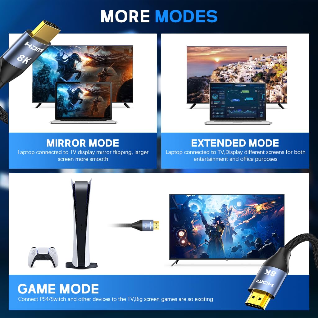 Verilux 8K HDMI 2.1 Cable 16.4 ft for Gaming and Streaming with 48Gbps eARC & HDR Support