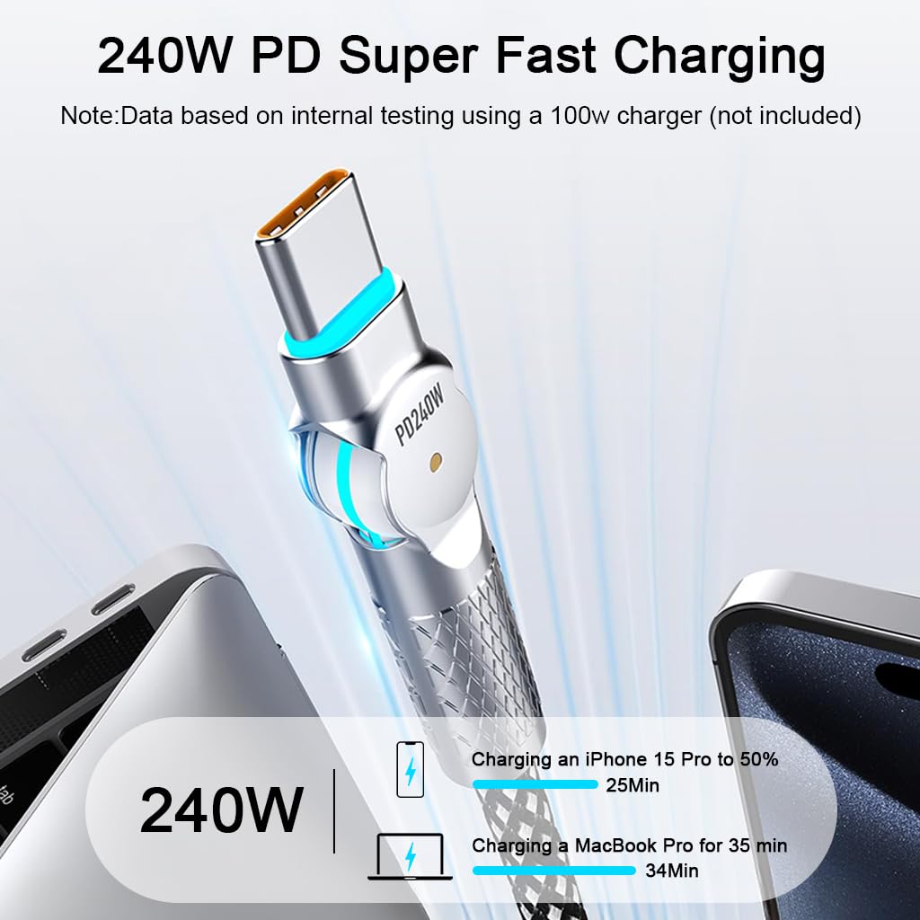 Verilux USB C Cable for Fast Charging with 180 Degree Rotating Head and 9.8 ft Length | LED Tip