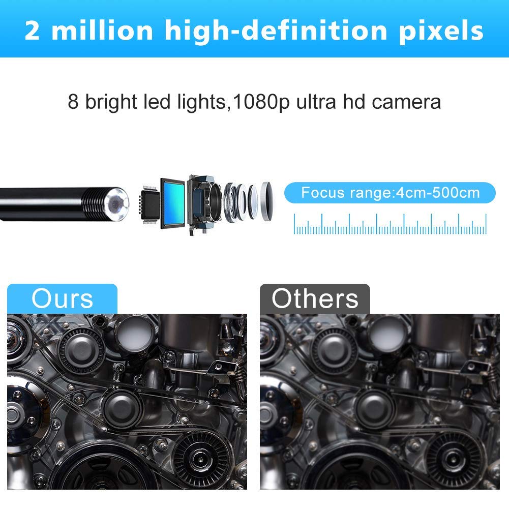 Verilux Endoscope Camera with 1200P HD Inspection and IP67 Waterproof WiFi Borescope 5m Cable