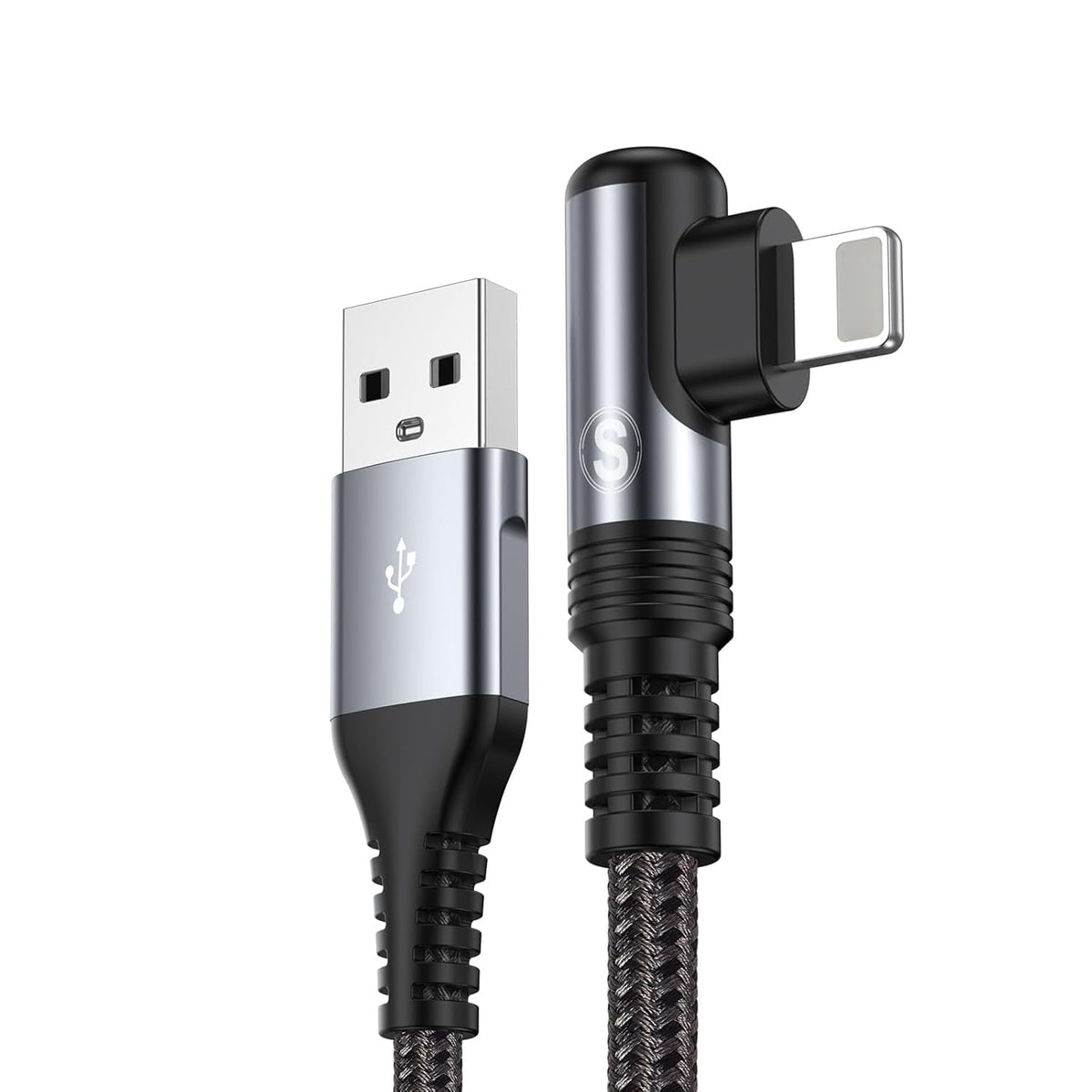 Verilux® 6.6ft 90° Right Angle iPhone Charger Cable with Aluminum Alloy Housing, Safe Charging & 480Mbps Data Sync Cable, Tangle-Free Nylon Braided Cord for iPhone iPad AirPods