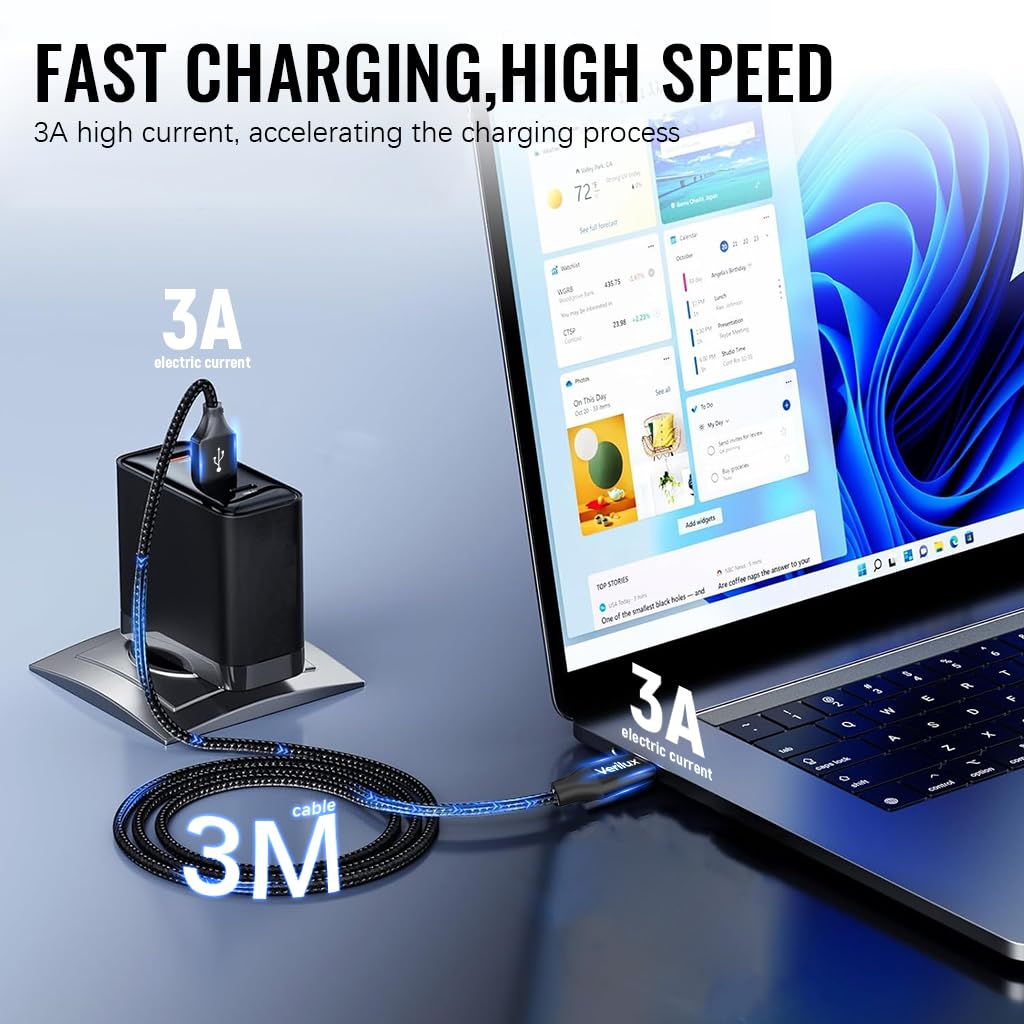 Verilux® 10ft USB C Charging Cable Data Cable USB A to Type C Cable Travel USB to Type C Cable Data Cable Long Braided Nylon Type C Cable for Phone, Tablet