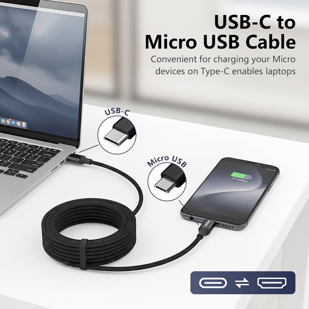 Verilux Type C to Micro USB Cable for Fast Charging with 9.8 ft Length and Nylon Braided Design