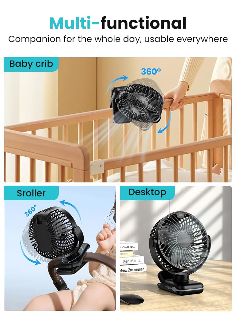 Verilux USB Desk Fan for Stroller and Desk with 5000mAh Battery featuring Clip-On Design | Quiet 4-Speed Cooling