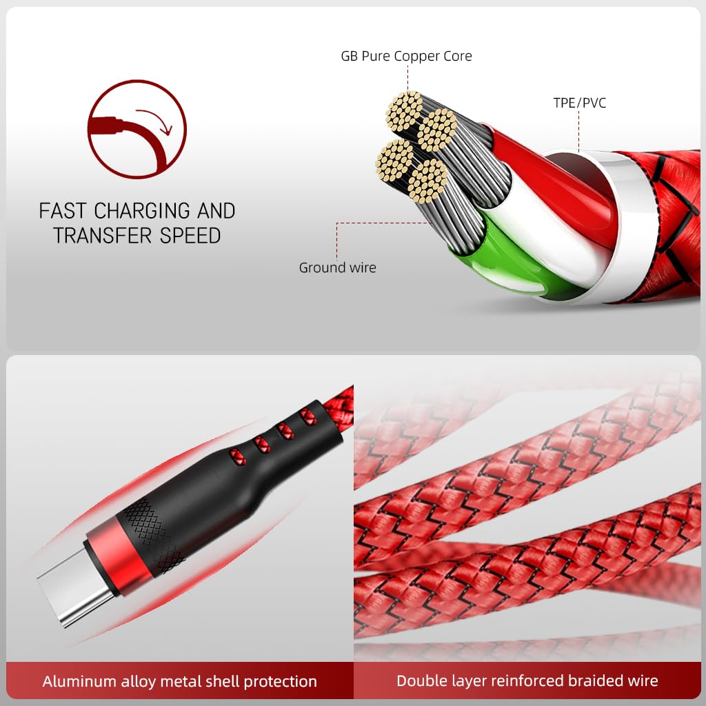Verilux Type C Cable for Phone and PS5 featuring 8m 26ft Length with Nylon Braid | Red