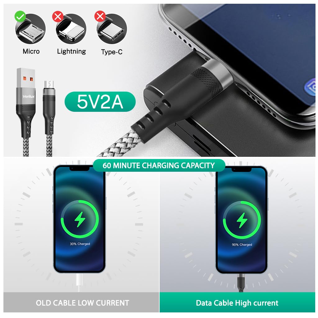 Verilux USB A to Micro USB Cable for Android Devices with 16.4ft Length and Braided Nylon | 5V/2A Fast Charging and 480Mbps Data Sync