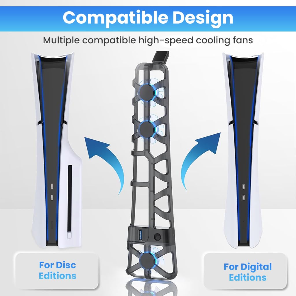 ZORBES® LED Fan for PS5 Slim Console, Quiet Cooler with Memory Function, Accessory with 3 Fans & USB 3.0 Port Compatible with Playstation5 Slim Digital & Discs Edition