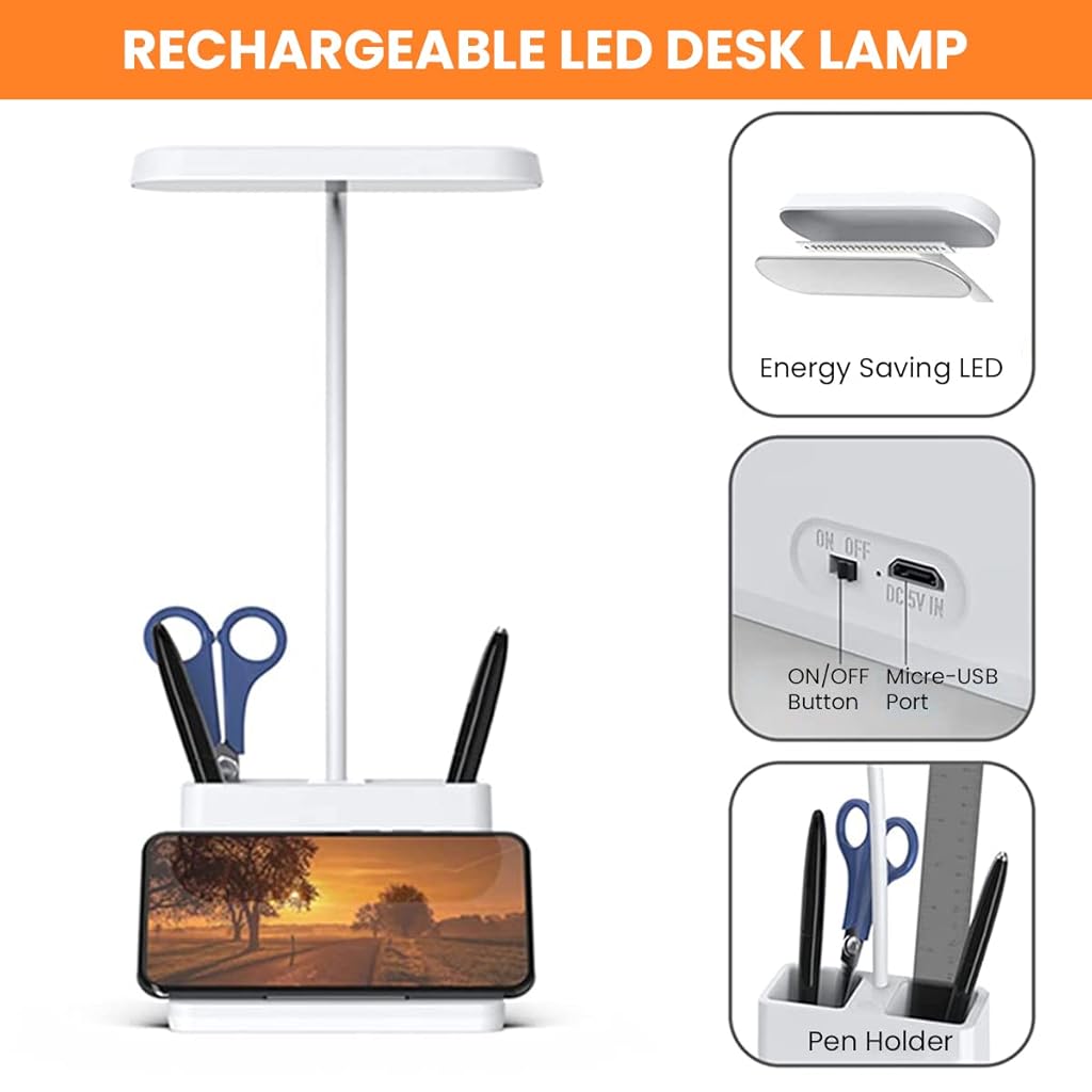Verilux® Multifunction Table Lamp for Study LED Light 2500mAh with Dual Pen Holder Flexible Gooseneck Night Study Lamp for Students with Phone Stand and Storage Reading Lamp