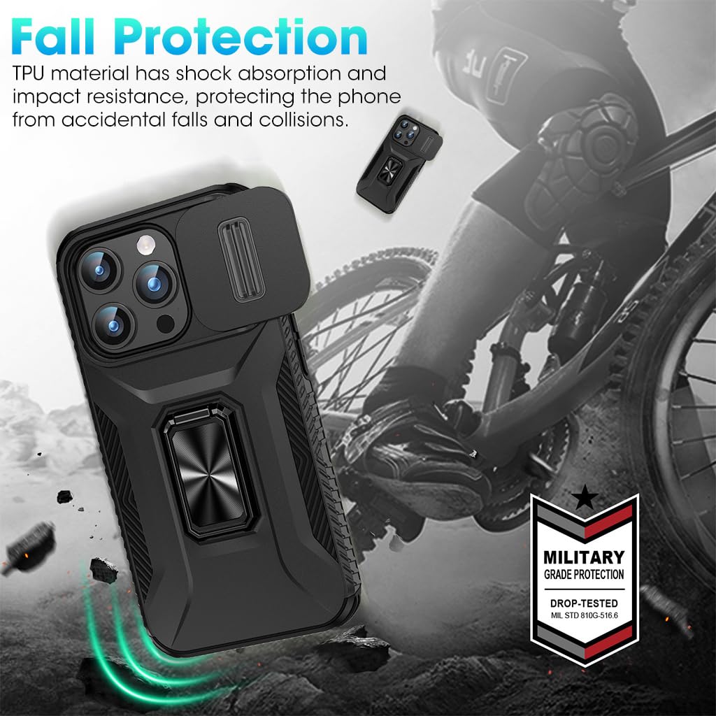 ZORBES® Phone Case for iPhone 15 Pro Multifunctional Phone Cover with Folding Phone Ring Grip & Sliding Camera Cover, PC Anti-Scratch Phone Case for iPhone 15 Pro 6.1 inch Black