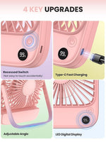 Verilux USB Fan for Desk and Travel featuring Kickstand and 4-Speed Airflow | 5000mAh Rechargeable Pink Fan
