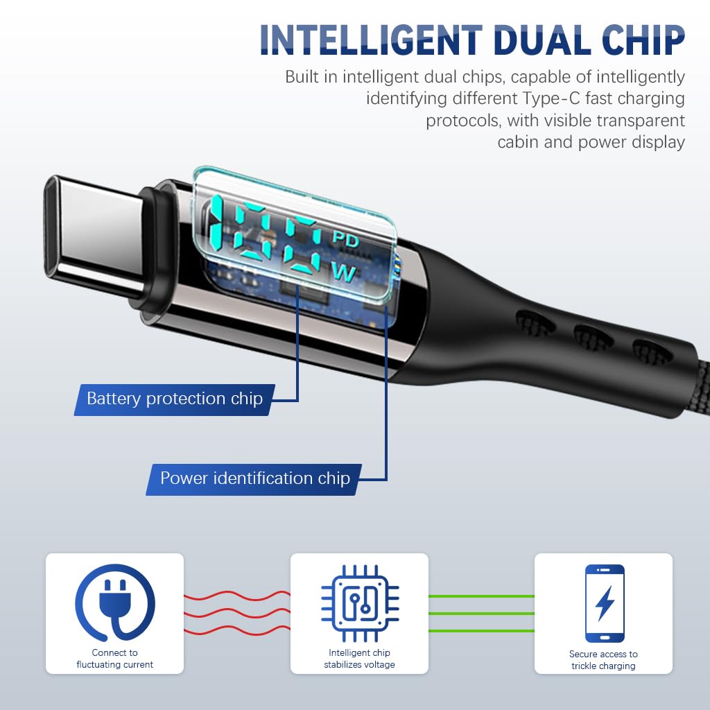 Verilux 2 in 1 Type C Cable with 100W Fast Charging and LCD Power Display | 3.9Ft Nylon Braided