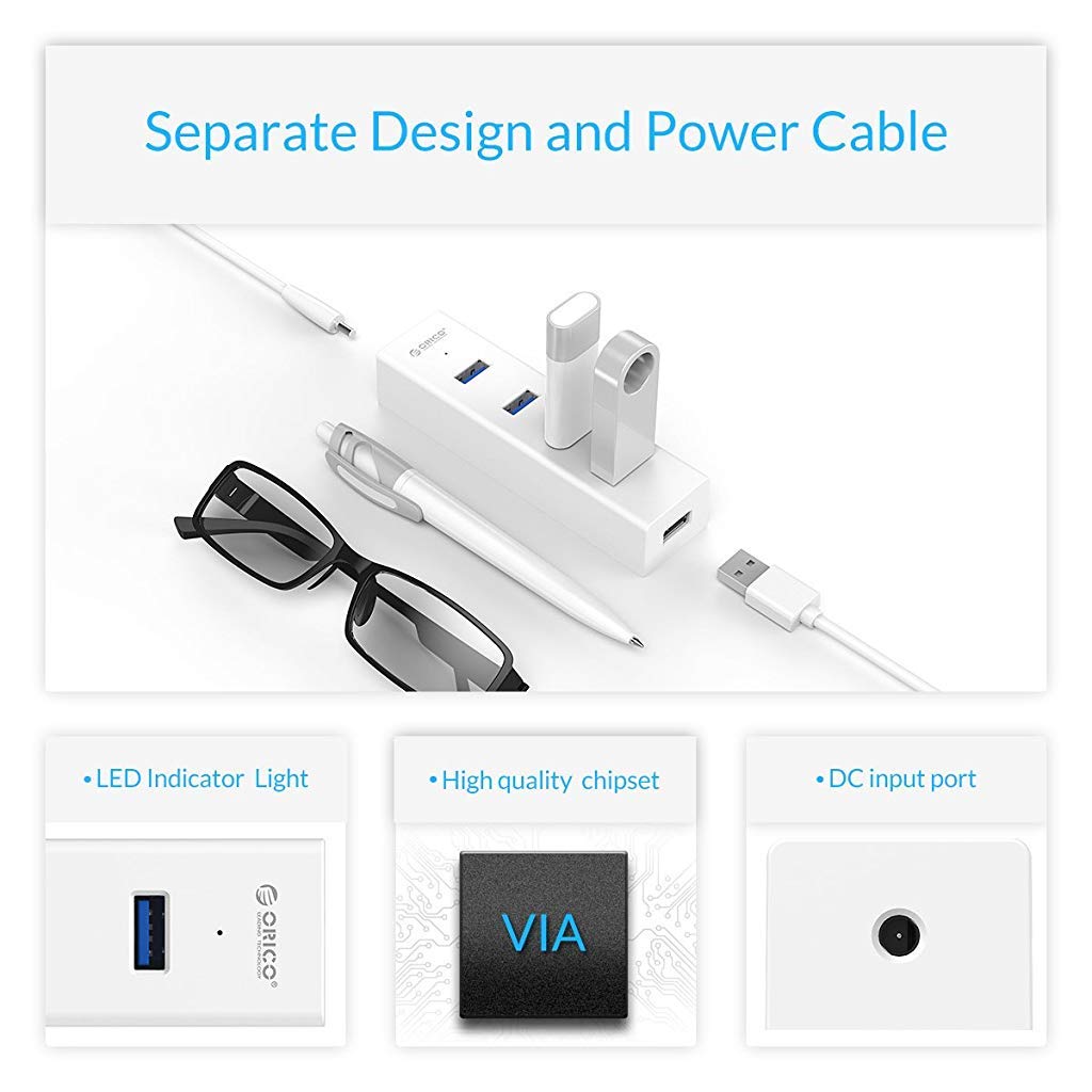 Verilux USB 3.0 Hub for MacBook and Laptop with 4 Ports and 5 Gbps Transfer Speed | White