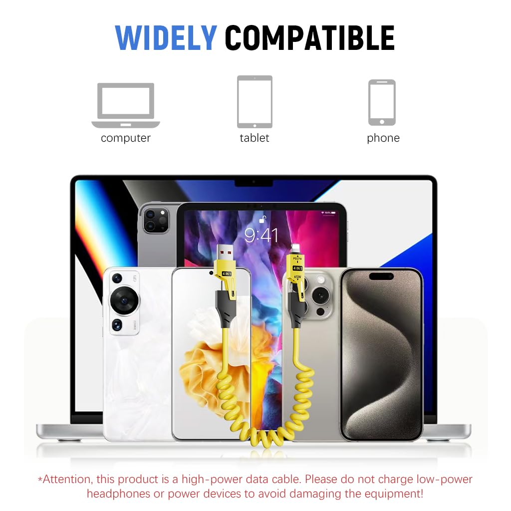 Verilux® USB C to USB C Cable for i-Phone 16/15/14/13 PD 65W 4 in 1 Fast Charging Cable with USB A & Light-ing Conector Spring Coiled Travel Charging Cable for Phone, Tablet, More
