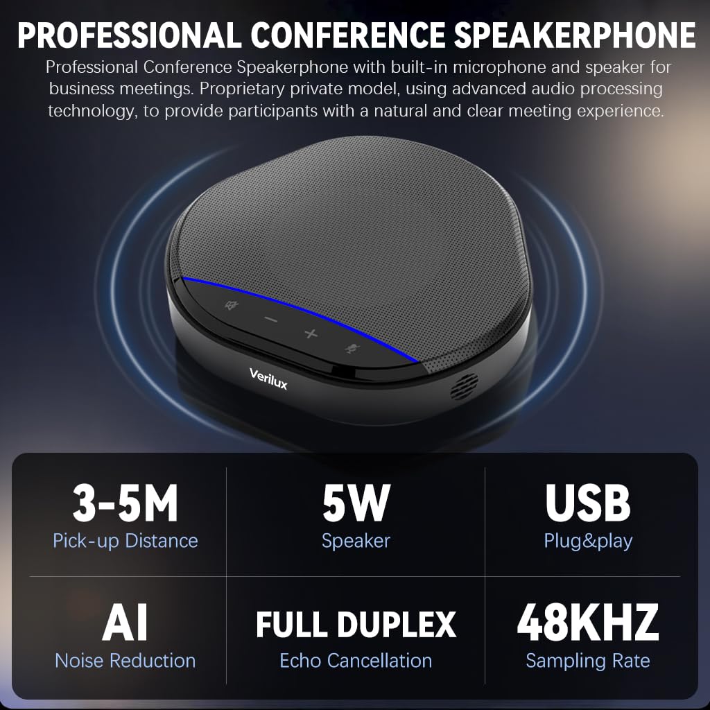 Verilux Conference Microphone for Home Office with 4 Mics 360° Pickup up to 5m | Dual Noise Cancelling