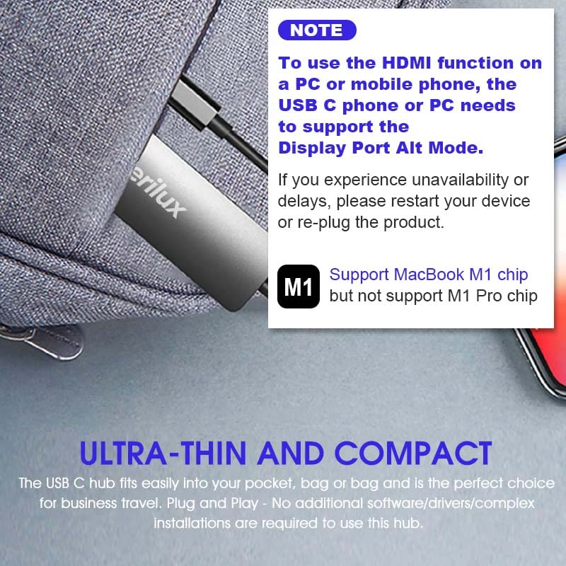 Verilux USB C Hub 5 in 1 with 4K HDMI and 55W PD Charging | Aluminum Multiport Adapter for MacBook