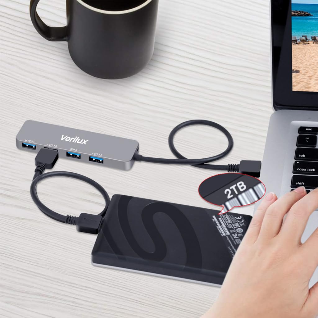 Verilux USB Hub 3.0 for Laptop and PC featuring 4 Ports and 5Gbs Transfer Speed | USB‑C and USB‑A Connectivity