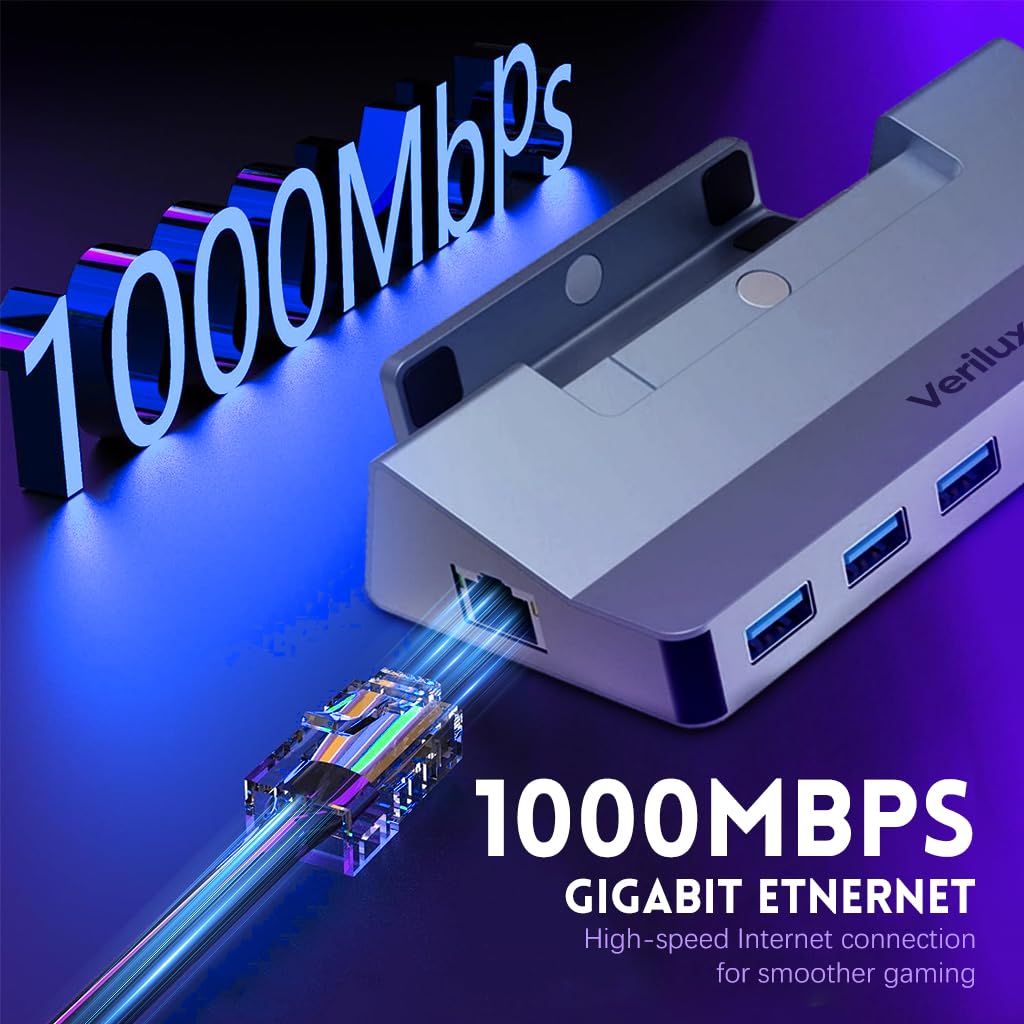 Verilux® USB Hub Dock for Steam Deck 6 in 1 Steam Deck Stand USB Hub Travel USB 3.0 Hub Supports 4K@ 60Hz Video Output, 100W PD Charging, Universal USB Hub Dock for Steam Deck, ROG, Switch