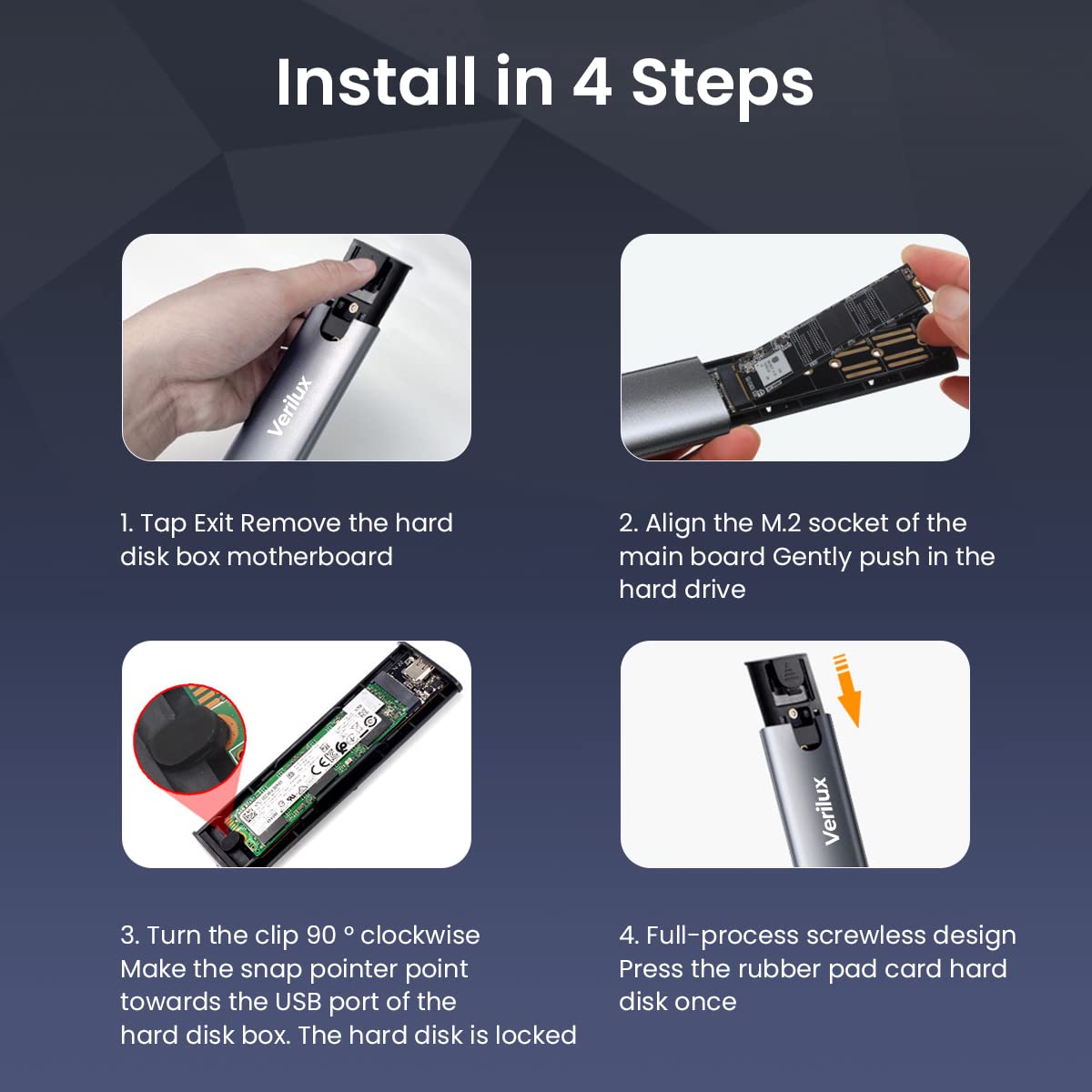 Verilux M.2 NVMe SATA SSD Enclosure SATA to USB HDD Enclosure with 2 in 1 USB Cable Tool-Free USB 3.2 Gen 2 10Gbps NVMe PCI M-Key/B+M Key, Aluminum External SSD Hard Drive Case Complies with UASP