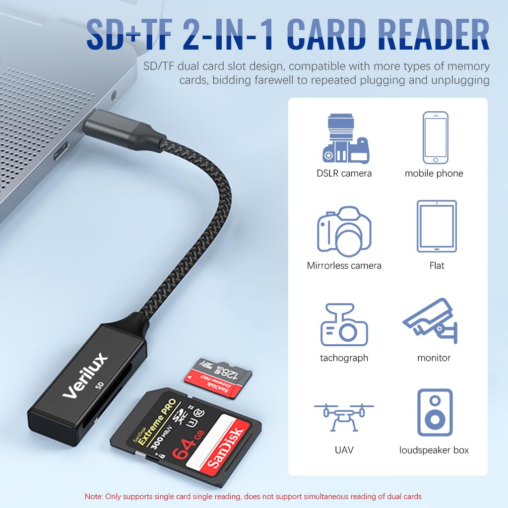Verilux Card Reader for SD and TF Cards with USB C and USB 2.0 | 480Mbps Nylon Braided Design