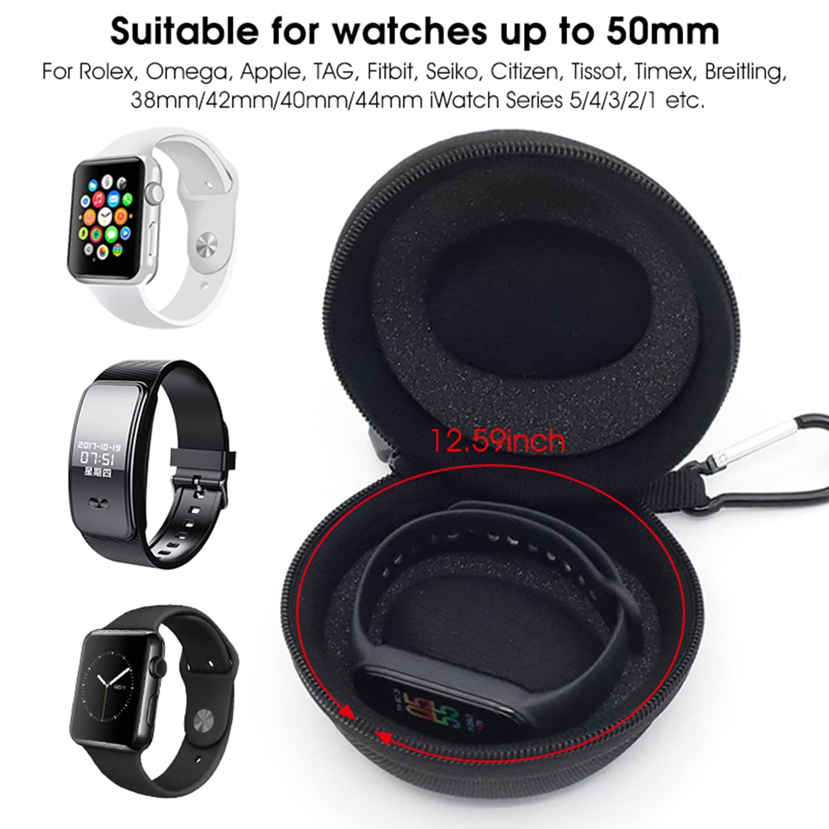 Verilux Travel Watch Hard Storage Box Case Cover for 38mm/42mm/40mm/44mm iWatch Series5/4/3/2/1,Wristwatches & Smart Watches up to 50mm, Black, Nylon