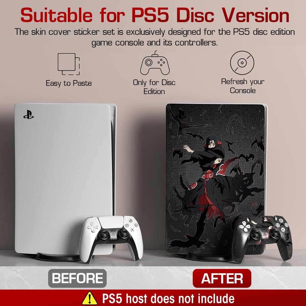 ZORBES® Skin Cover Sticker for PS5 Disc Edition Game Console and Controller Uchiha Itachi Cartoon Skin Cover Vinyl Sticker Anti-Scratch Sticker for PS5 Disc Edition Anime Game Console and Controller