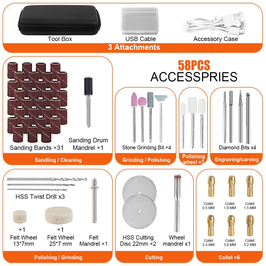 Verilux® Mini Cordless Rotary Tool, 5-Speed and USB Charging Rotary Tool Kit with Accessories & Carrying Case, Multi-Purpose 3.7V Polishing Tool for Sanding, Polishing, Drilling, Engraving, DIY Crafts