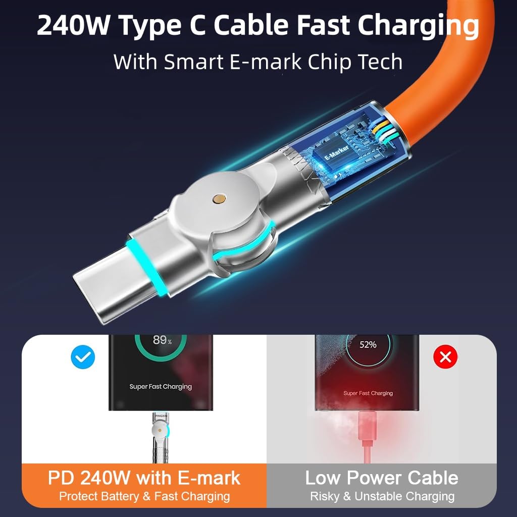 Verilux 9.8ft 240W Type-C Fast Charger Cable | 180-Degree Tangle-Free with LED Light