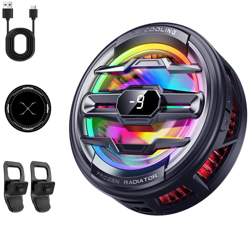 ZORBES® Phone Cooler for Gaming, Magnetic Mobile Cooler with 3 Level Modes, LCD Display & RGB Light, Semiconductor Technology Gaming Cooler with Clips for iOS & Android Phones and IPAD