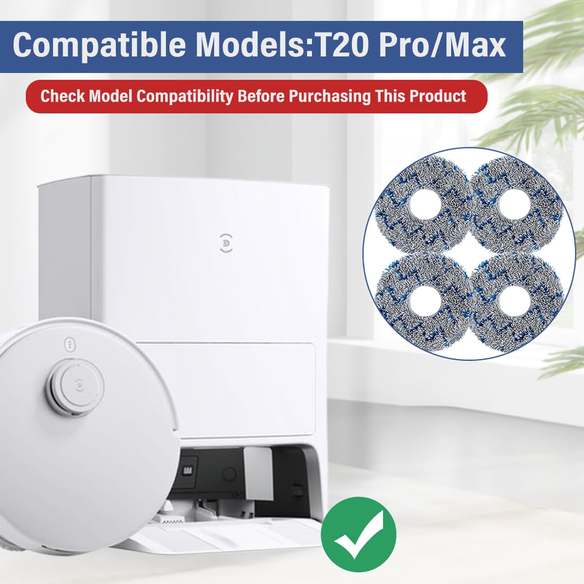 Verilux® 4Pcs Replacement Mop Cloth for ECOVACS DEEBOT T20 Pro/Max Microfiber Mop Pads Washable and Reuseable Absorbent Mop Pads Spare Mop Cloth for Hard Floor, Tile, Hardwood, and Laminate