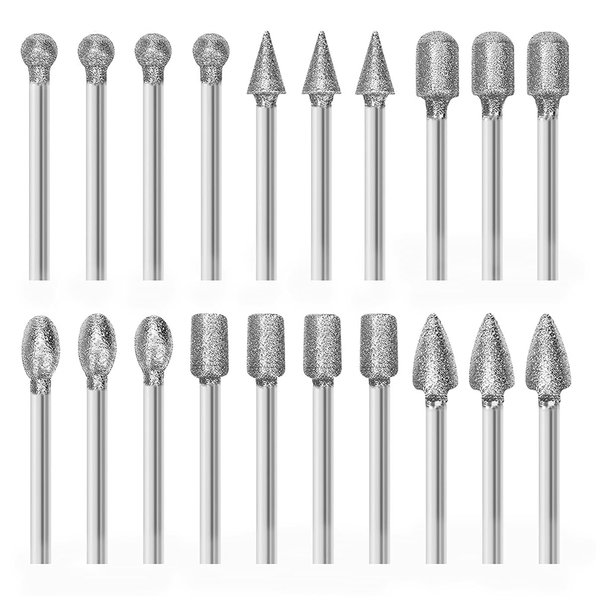 Serplex® 20Pcs Diamond Drill Bit Set, Stone Carving Rotary Tool Polishing Bits with 1/8-inch Shank, 6 Designs, Flat-faced Head, Spear Tip Bits, Ball Tips Bits, Tapered Bits, Round Bits, Oval Tips