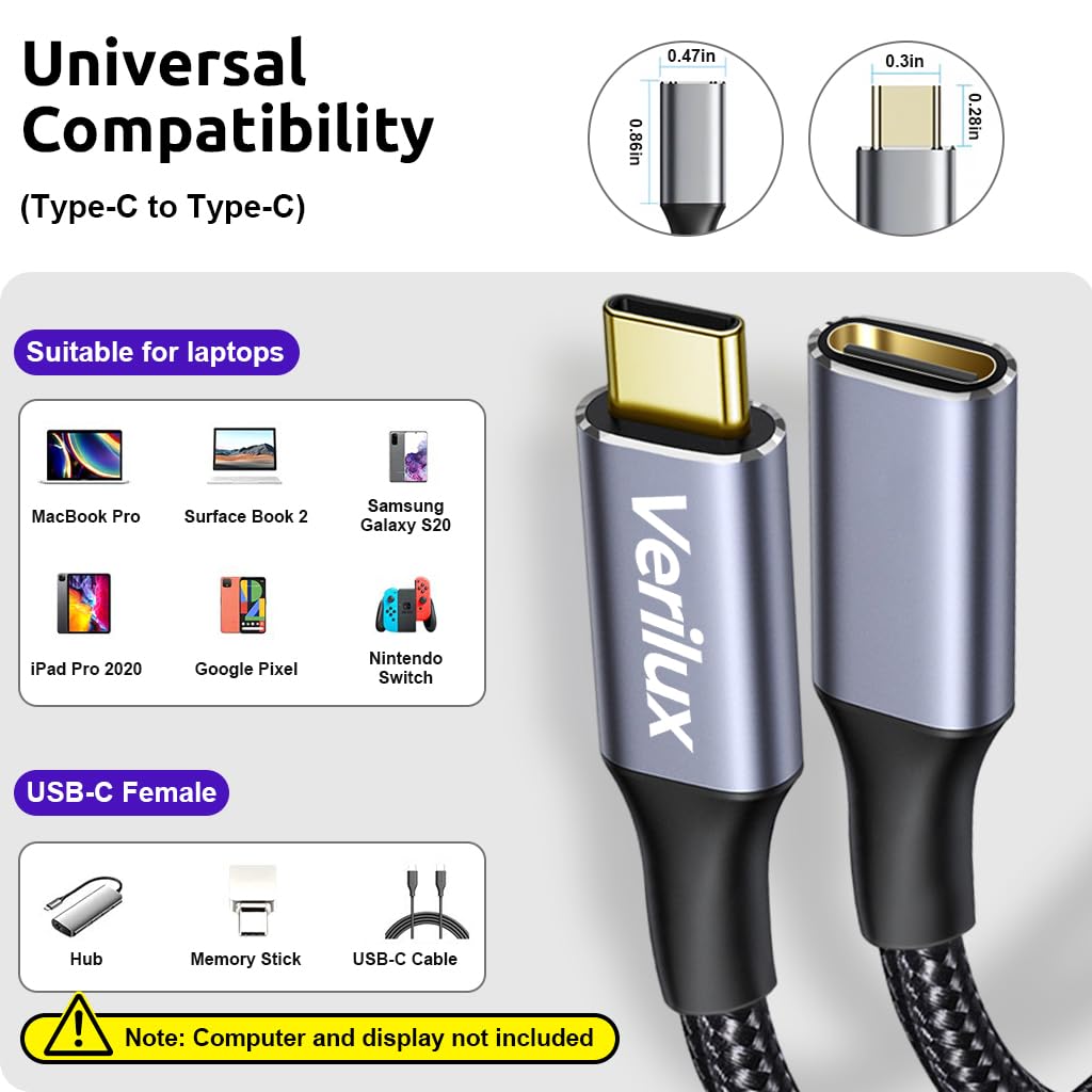 Verilux USB C Extension Cable 6.6 ft for Fast Charging and 10 Gbps Data | 3 in 1 Video Output