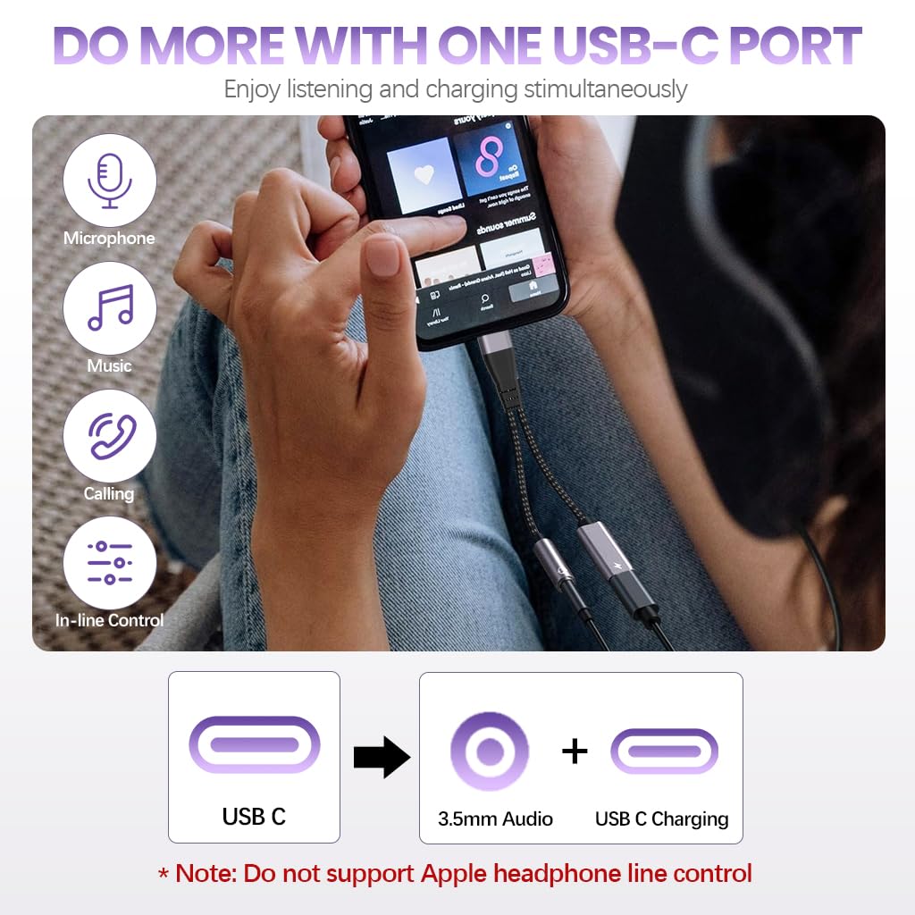 Verilux® USB C Charging Cable 2 in 1 USB C Audio Cable USB C to 3.5mm Jack Aux Cable PD 60W USB C Male to Female Charging Cable Car Audio Cable Compatible with i-Phone 16/15, Galaxy S24/S23 Ultra