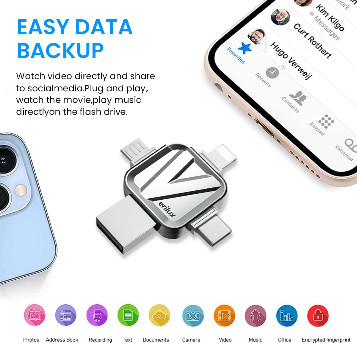 Verilux Pendrive 128GB Flash Drive for iOS and Android with Lightning USB Type C | Metal Keychain Design