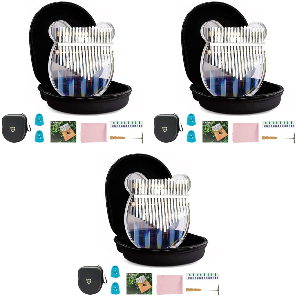 Verilux® Thumb Piano Crystal Kalimba Acrylic Mbira Finger Musical Instrument Gifts for Kids Adult Beginners with Tuning Hammer Study Instruction and Eva Bag 3PCS
