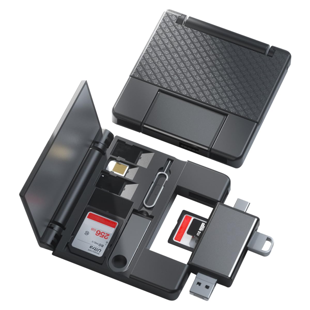 ZORBES® Card Reader for iPhone OTG SD Card Reader Support USB A, USB C, Micro USB & Light-ing Interface Multifunctional Card Reader & Card Storage Box for TF/SD Card, SIM Card, Card Pin Storage