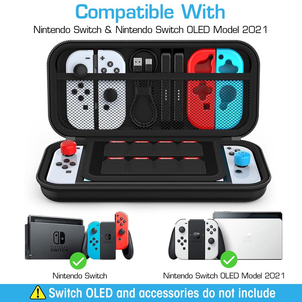 Verilux® Carrying Case for Switch Gamepad, Organizer Bag for Switch/Switch OLED with 8 Games Cartridges Slot 6 Button Cap Screen Protector, Anti-Scratch EVA Storage Bag for Switch