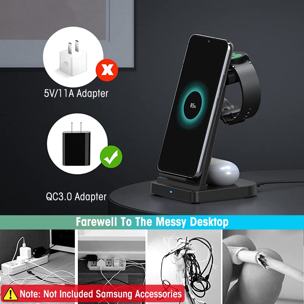 ZORBES® Charging Station for Samsung Phone, Earbuds, Smartwatch, 3-in-1 Charger Station with Power Adapter, Fast Wireless Charger Stand for Samsung Galaxy Watch 5 Galaxy S23/Z Flip, Buds Live, More