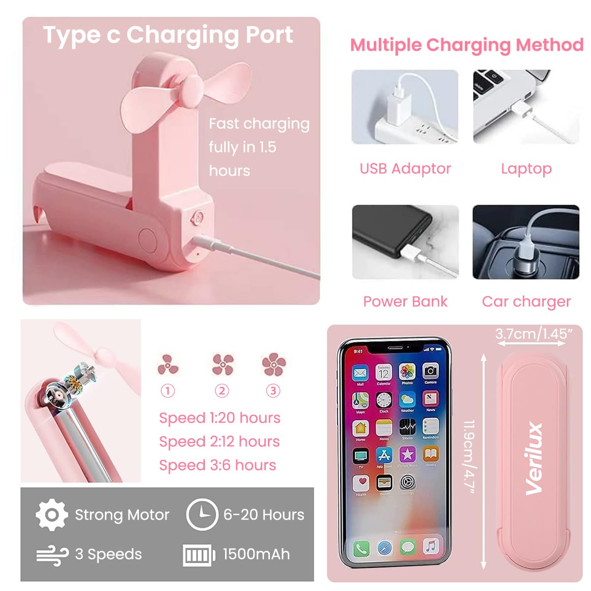 Verilux Folding USB Fan for Travel with 1500mAh Battery and Dual Soft Blades | 4 in 1 Design