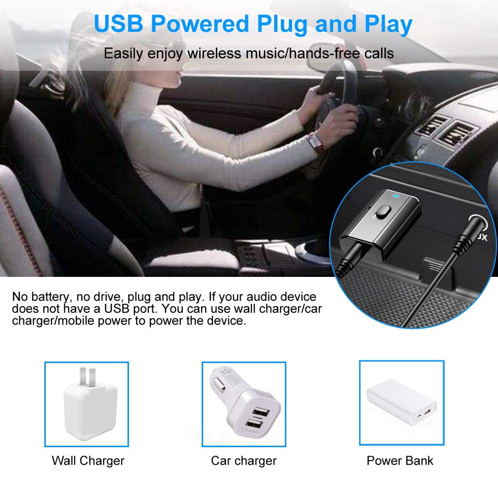 Verilux Car Bluetooth Adapter for 3.5mm Audio Devices with 2 in 1 USB Receiver Transmitter | Bluetooth 5.0 for Car and Home Audio