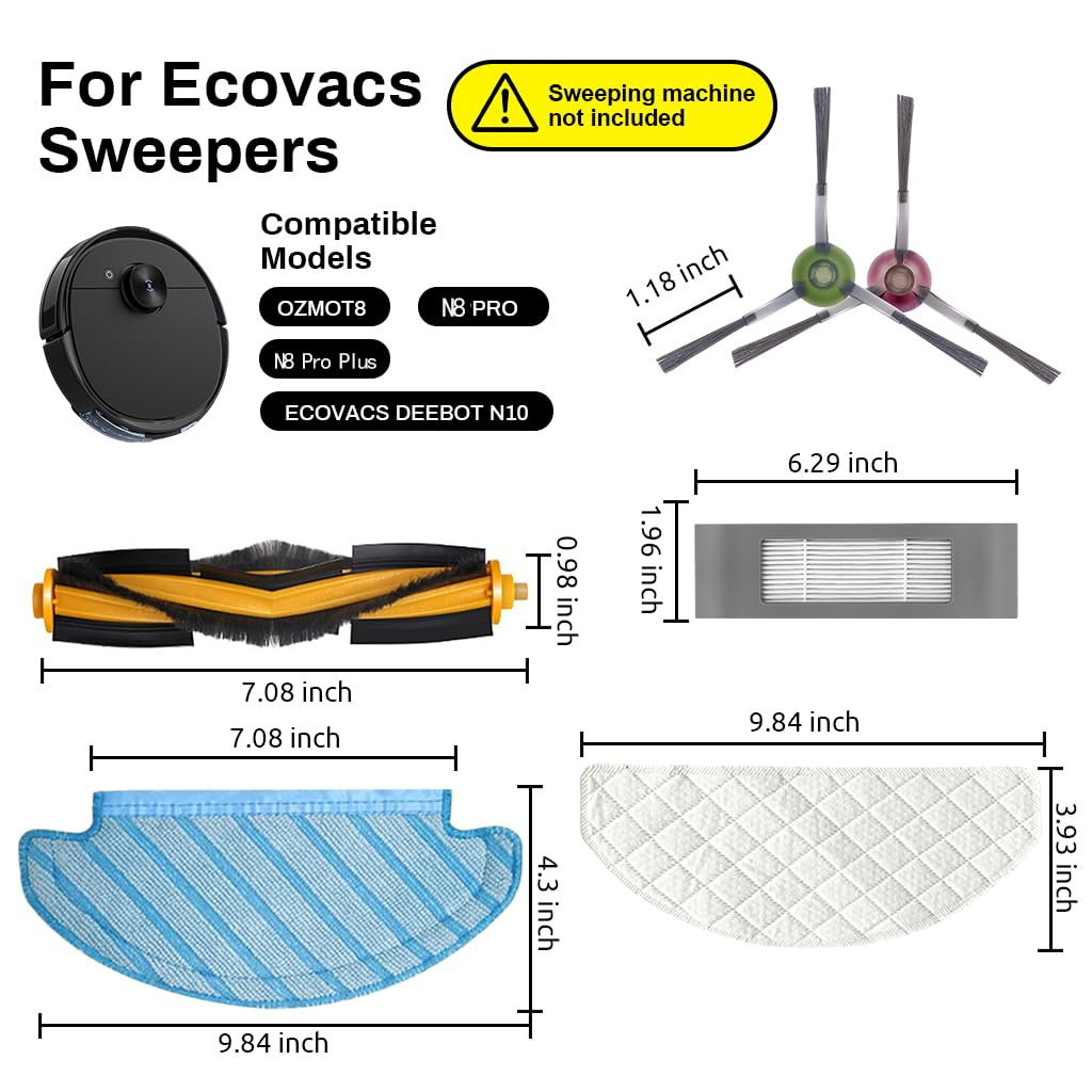 Verilux Replacement Accessories for Ecovacs Deebot N10 OZMO T8 T9 Pro AIVI | 2 pcs set with main brush side brushes filters and mop pads