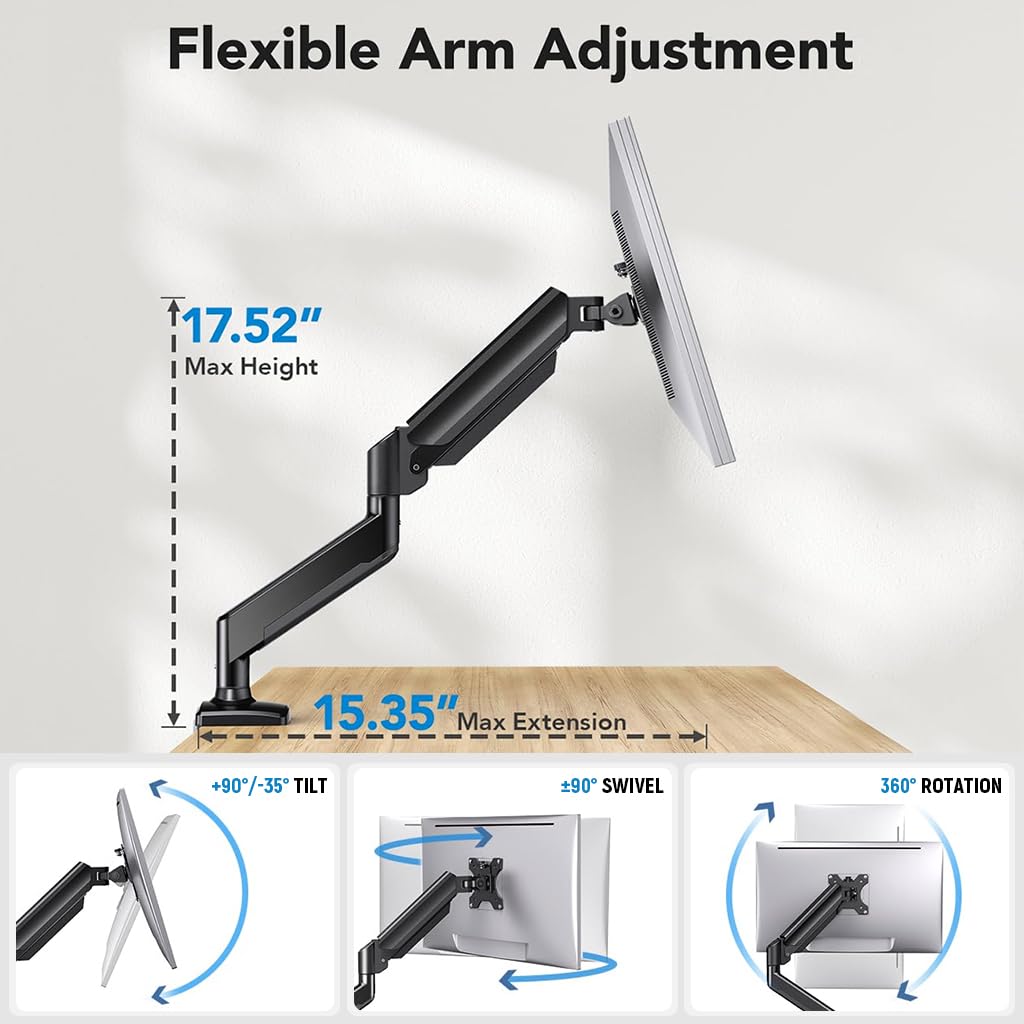 Verilux® Desk Monitor MountAluminum Alloy Monitor Arm Desk Mount with Flexible Arm 360° Rotatable Monitor Screen Mount Screw-Mount Single Monitor Mount for 1332 Screens up to 22 lbs