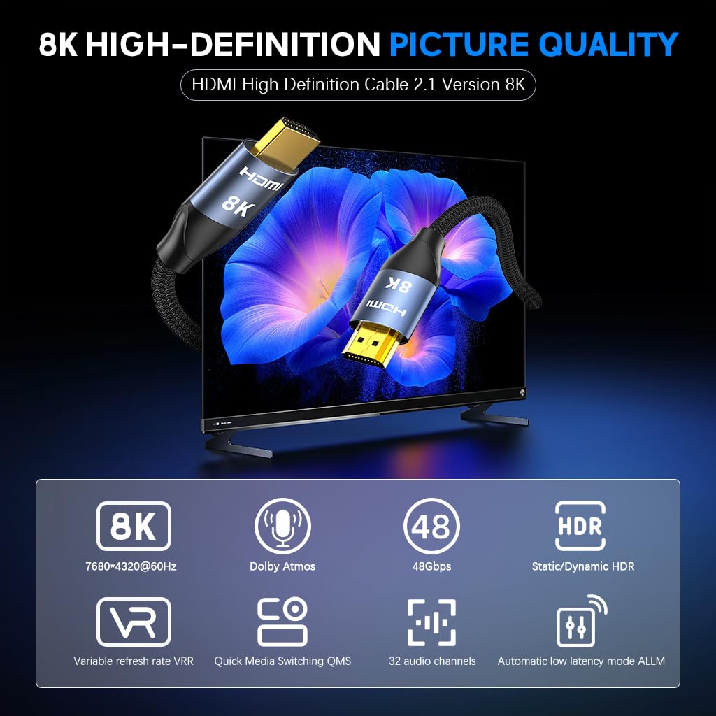 Verilux 8K HDMI 2.1 Cable 16.4 ft for Gaming and Streaming with 48Gbps eARC & HDR Support