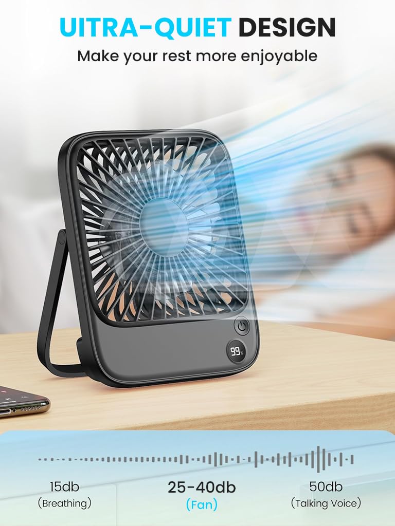 Verilux USB Fan for Desk and Travel featuring 4 Speed Control and 5000mAh Battery | Black