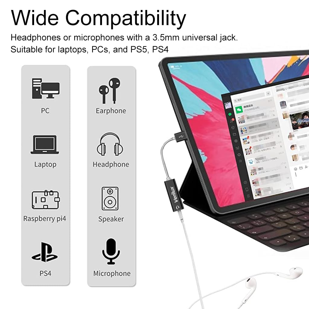Verilux USB Sound Card for Laptop and PC featuring 3.5mm Audio Adapter | Plug & Play Black