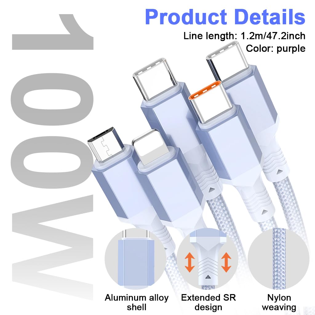 Verilux 5 in 1 Type C Cable for Travel and Multi Device Charging with 100W PD and 3.9ft Nylon Braided Design