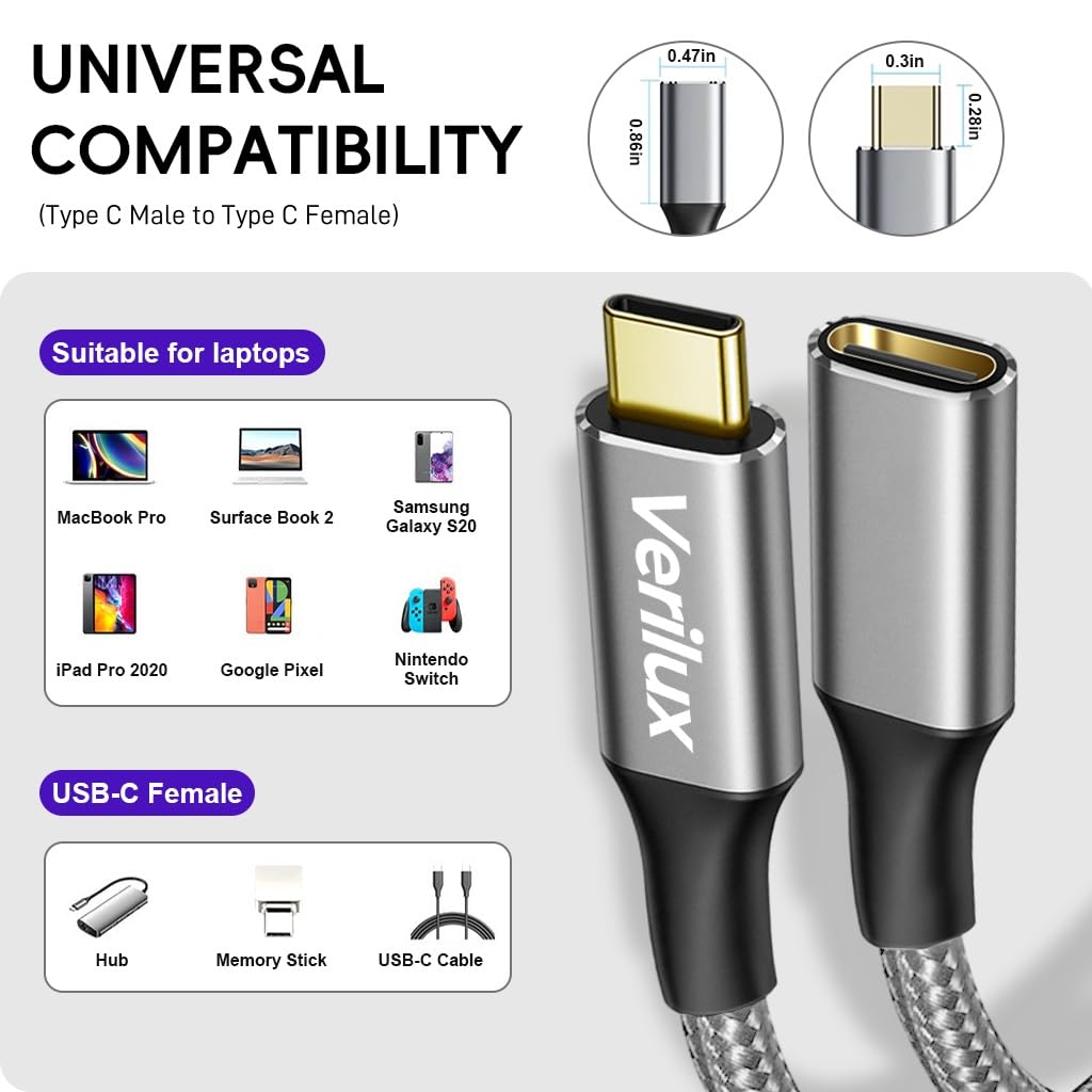 Verilux USB C Extension Cable 9.8 ft for Charging and Data Transfer | 100W PD 10Gbps 4K Output