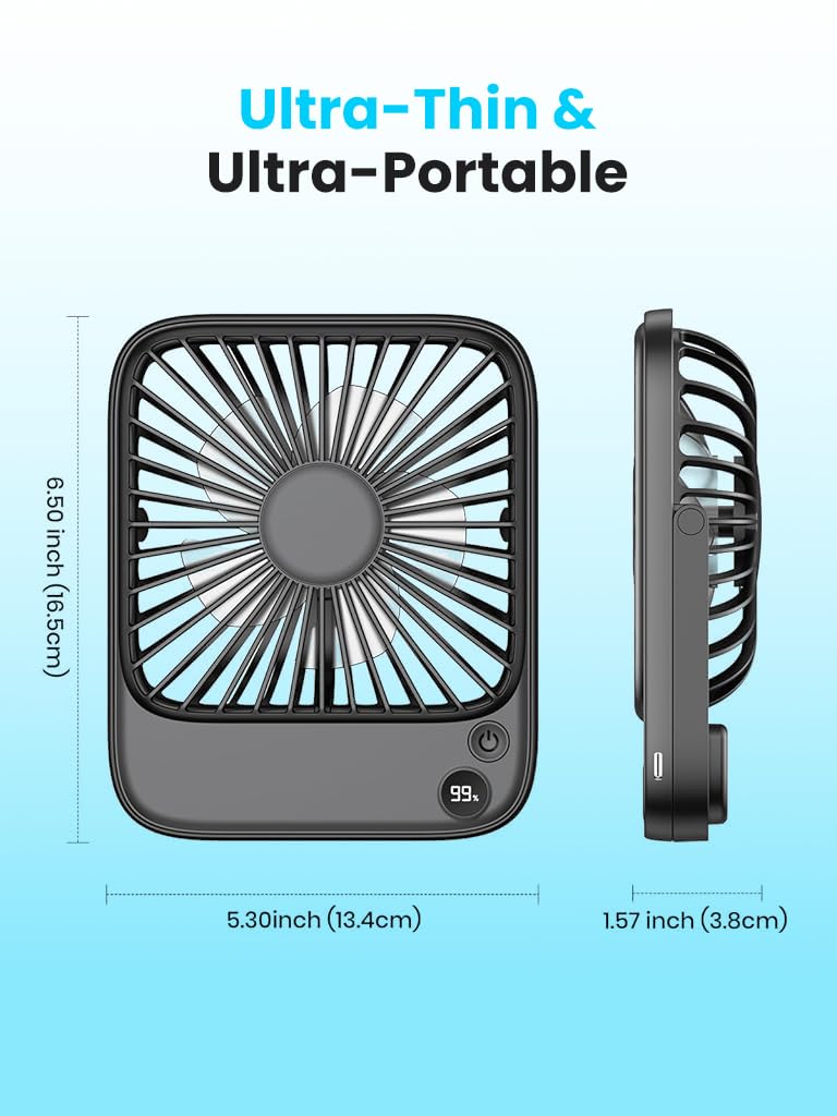 Verilux USB Fan for Desk and Travel featuring 4 Speed Control and 5000mAh Battery | Black