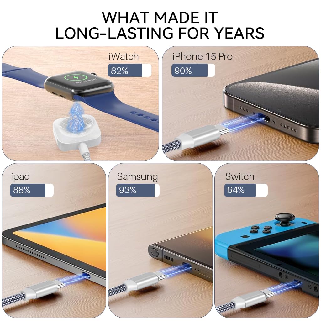 Verilux 3 in 2 PD 60W Type C Cable for Fast Charging featuring Magnetic Wireless Dock | 5.9ft Nylon Braided Design