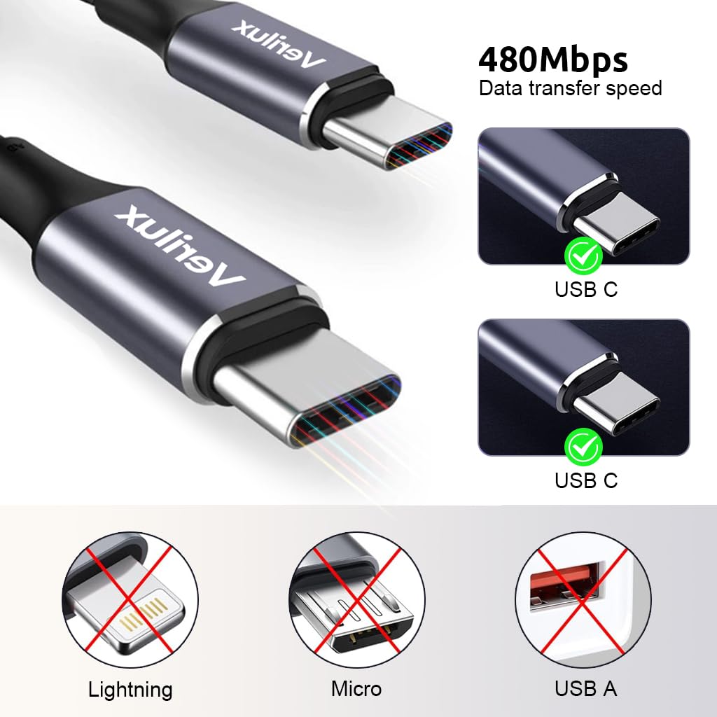 Verilux Type C to Type C Cable for Fast Charging with 6.6ft Length | Nylon Braided 100W